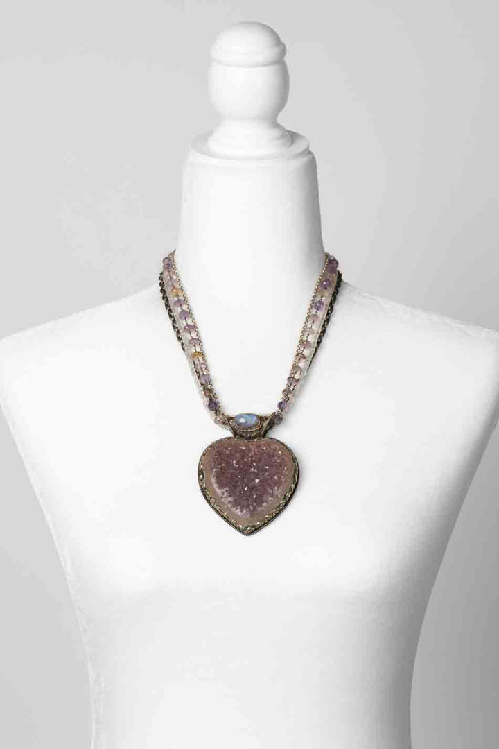One Of A Kind 20.75-22.75" Rainbow Moonstone With Amethyst Druzy Heart Statement Necklace