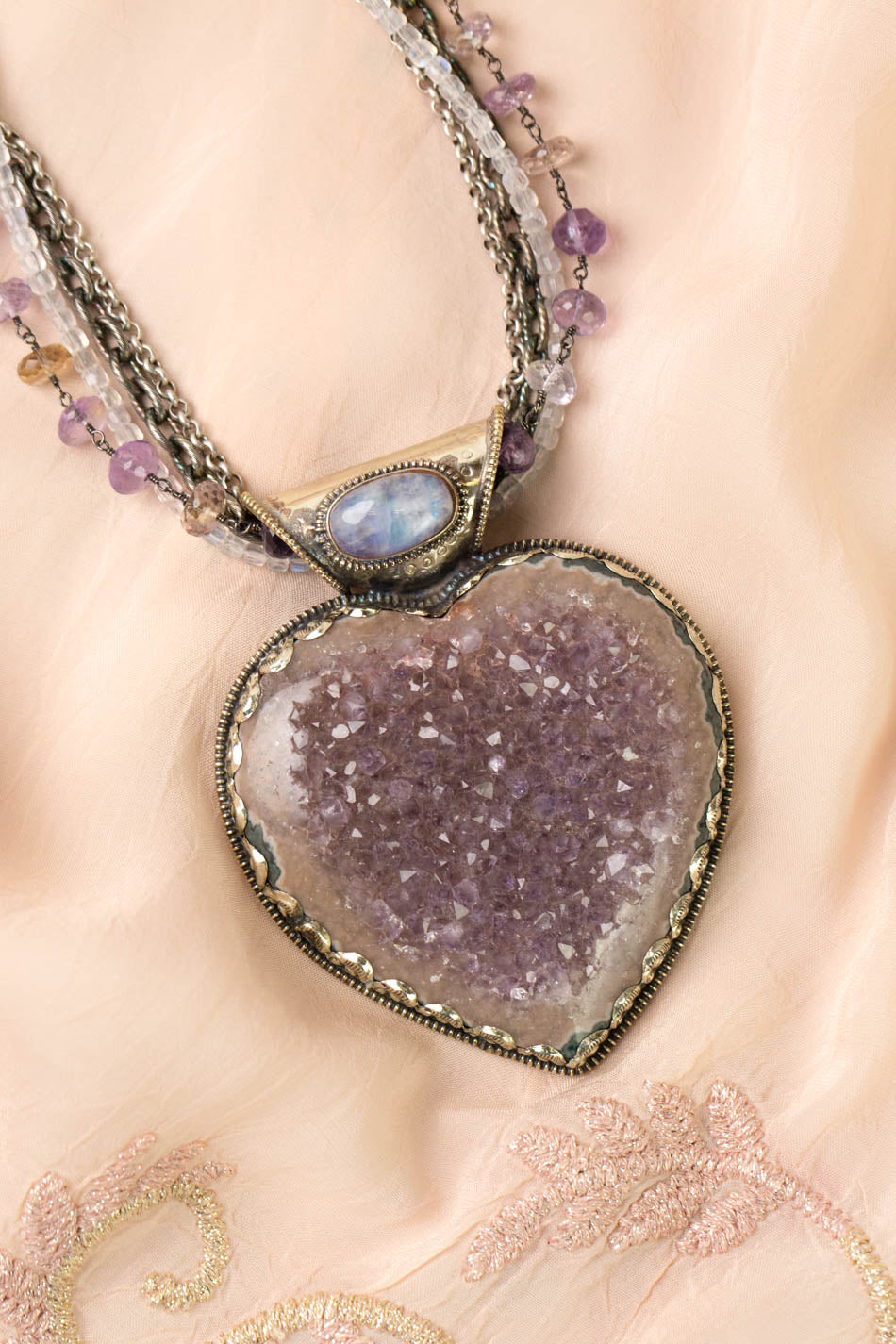 One Of A Kind 20.75-22.75" Rainbow Moonstone With Amethyst Druzy Heart Statement Necklace