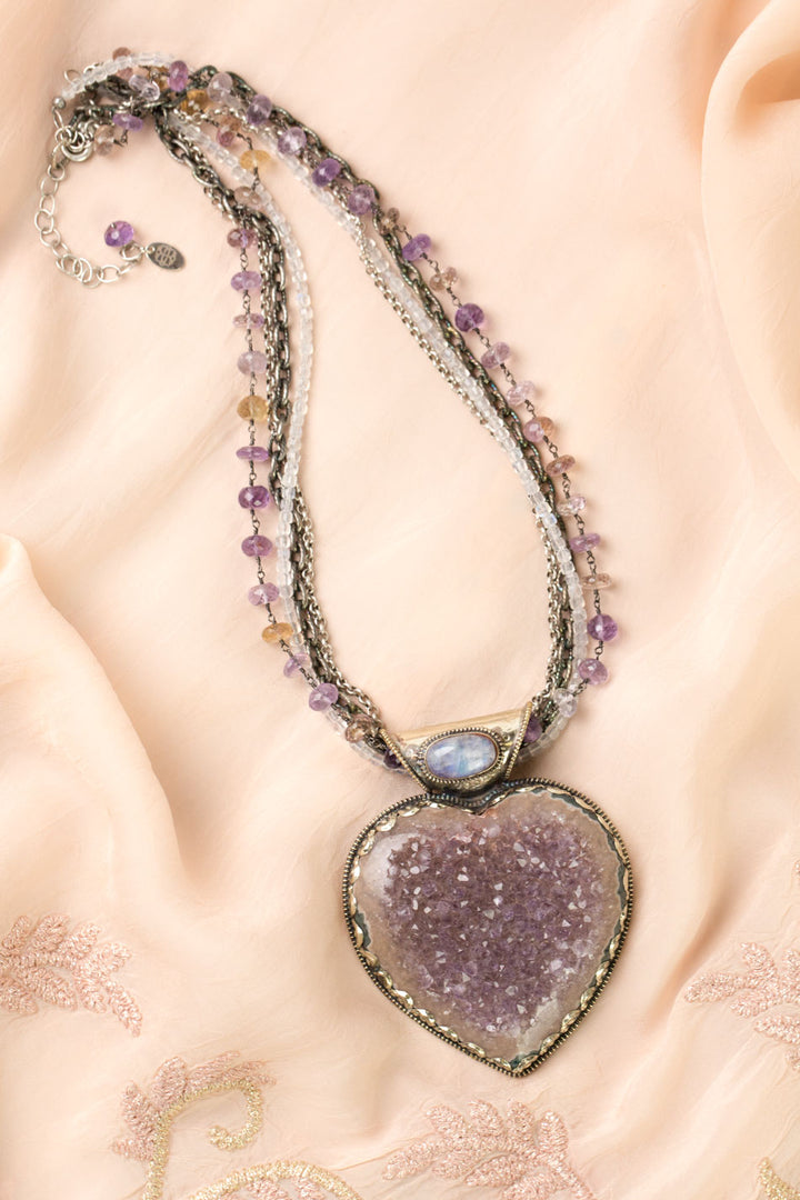 One Of A Kind 20.75-22.75" Rainbow Moonstone With Amethyst Druzy Heart Statement Necklace