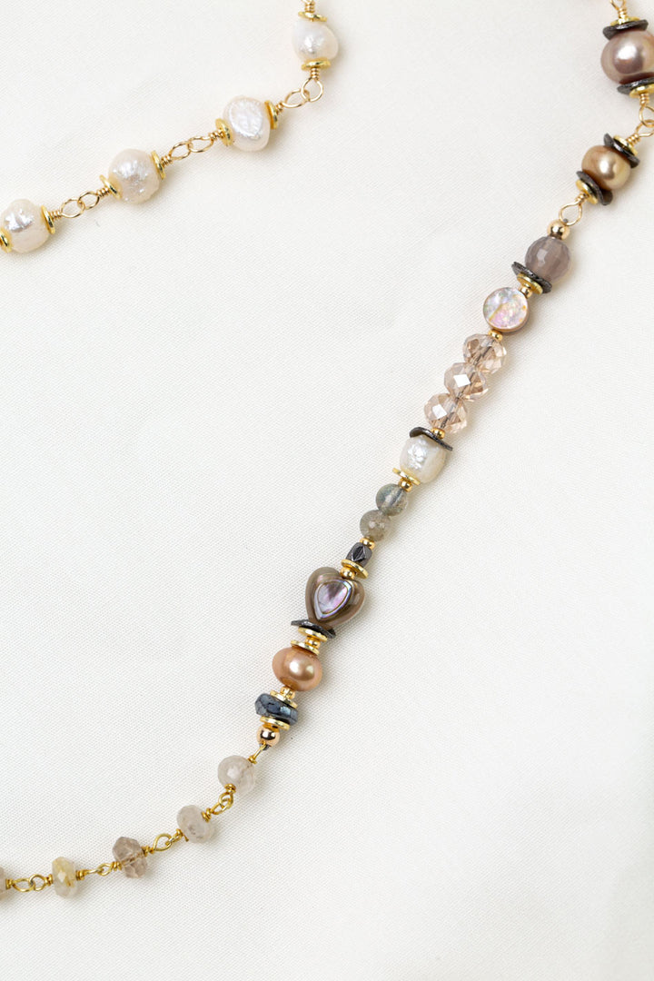 Alchemy 37-39" Gold Rutilated Quartz, Grey Moonstone, Freshwater Pearl Collage Necklace