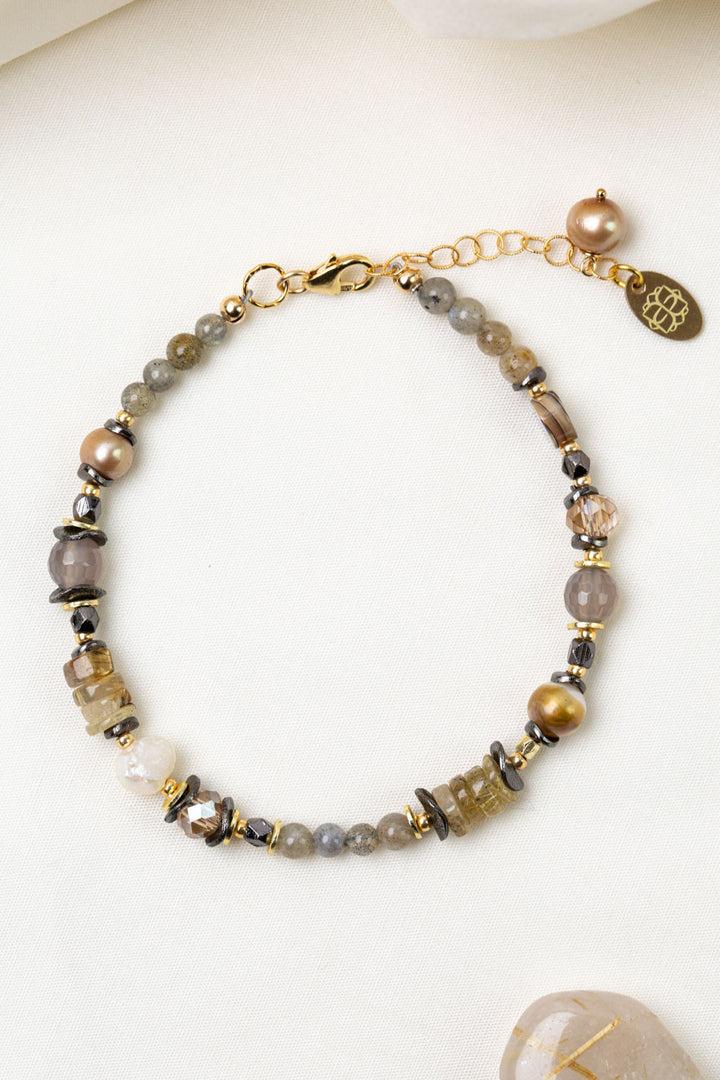 Alchemy 7.5-8.5" Gold Rutilated Quartz, Freshwater Pearl, Labradorite Collage Bracelet