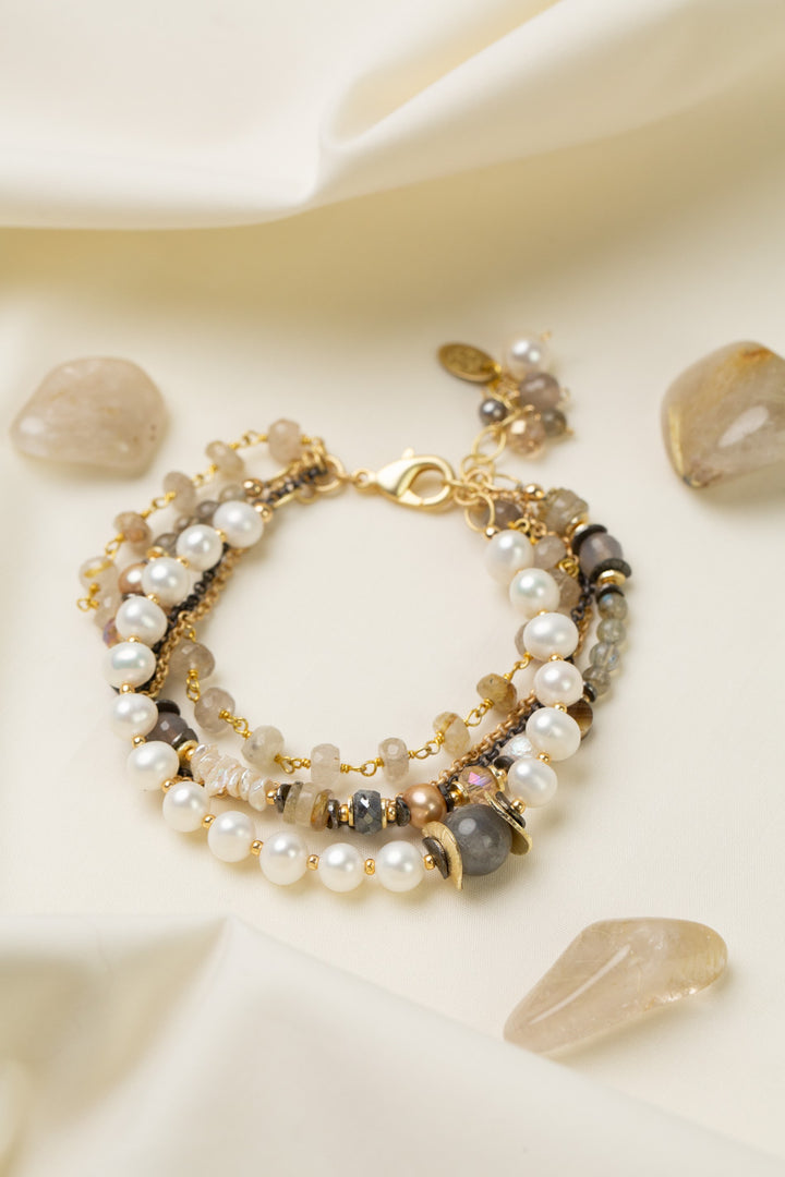 Alchemy 7.75-8.75" Freshwater Pearl, Gold Rutilated Quartz, Abalone Multistrand Bracelet