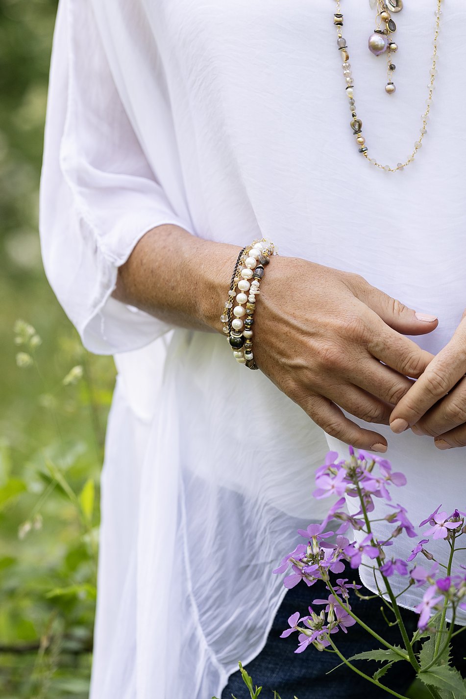 Alchemy 7.75-8.75" Freshwater Pearl, Gold Rutilated Quartz, Abalone Multistrand Bracelet