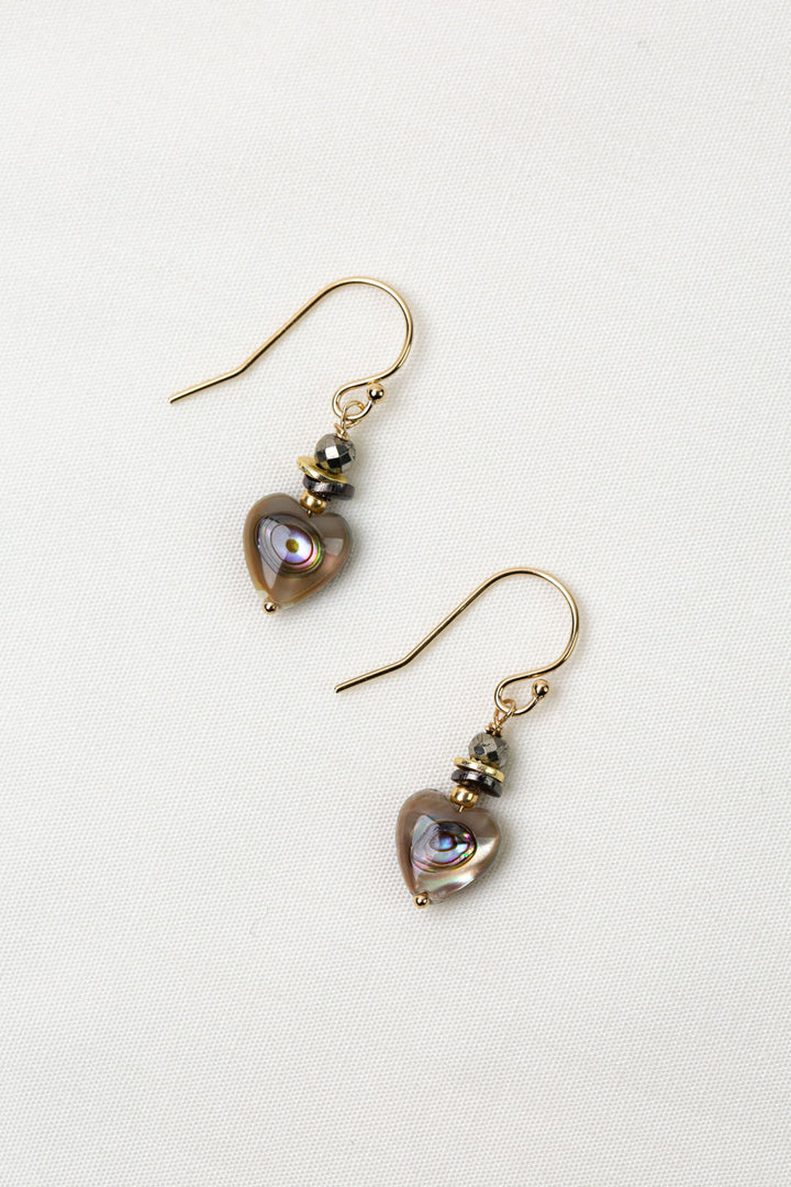 Alchemy Faceted Pyrite With Abalone Shell Hearts Simple Earrings