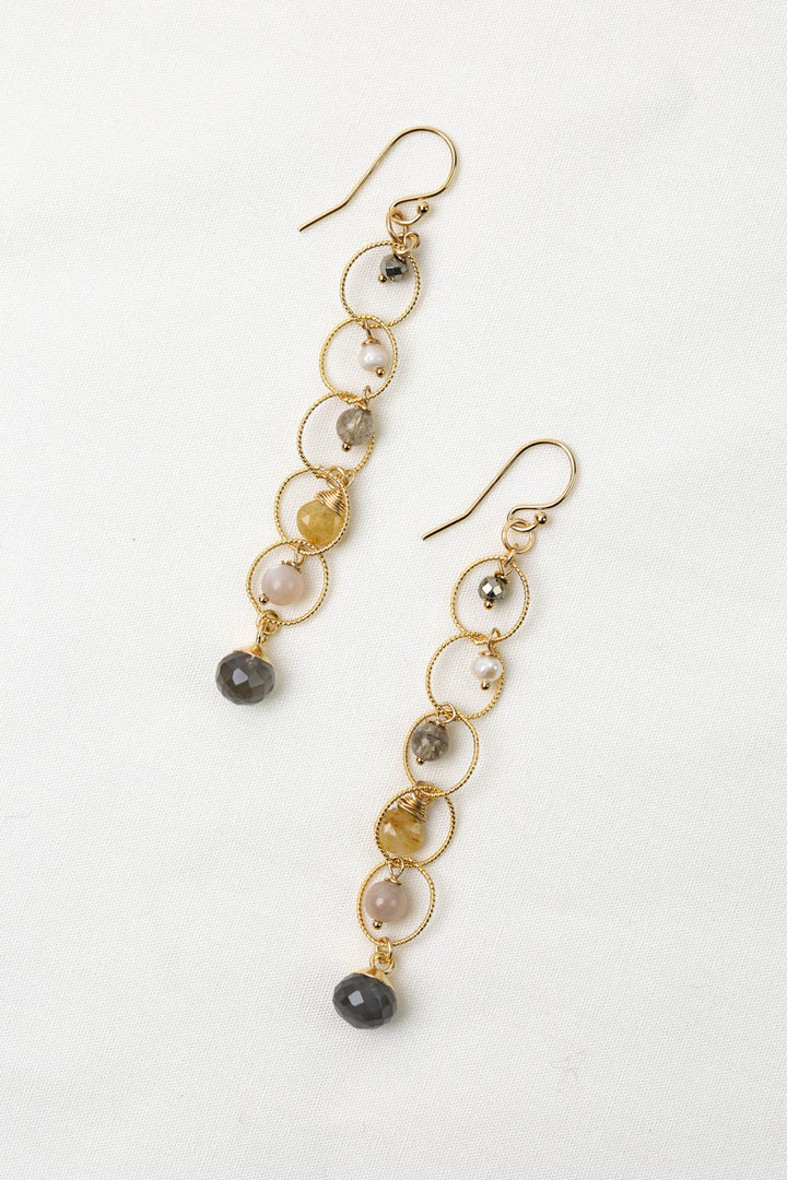 Alchemy Gold Rutilated Quartz, Labradorite, Freshwater Pearl With Moonstone Dangle Earrings