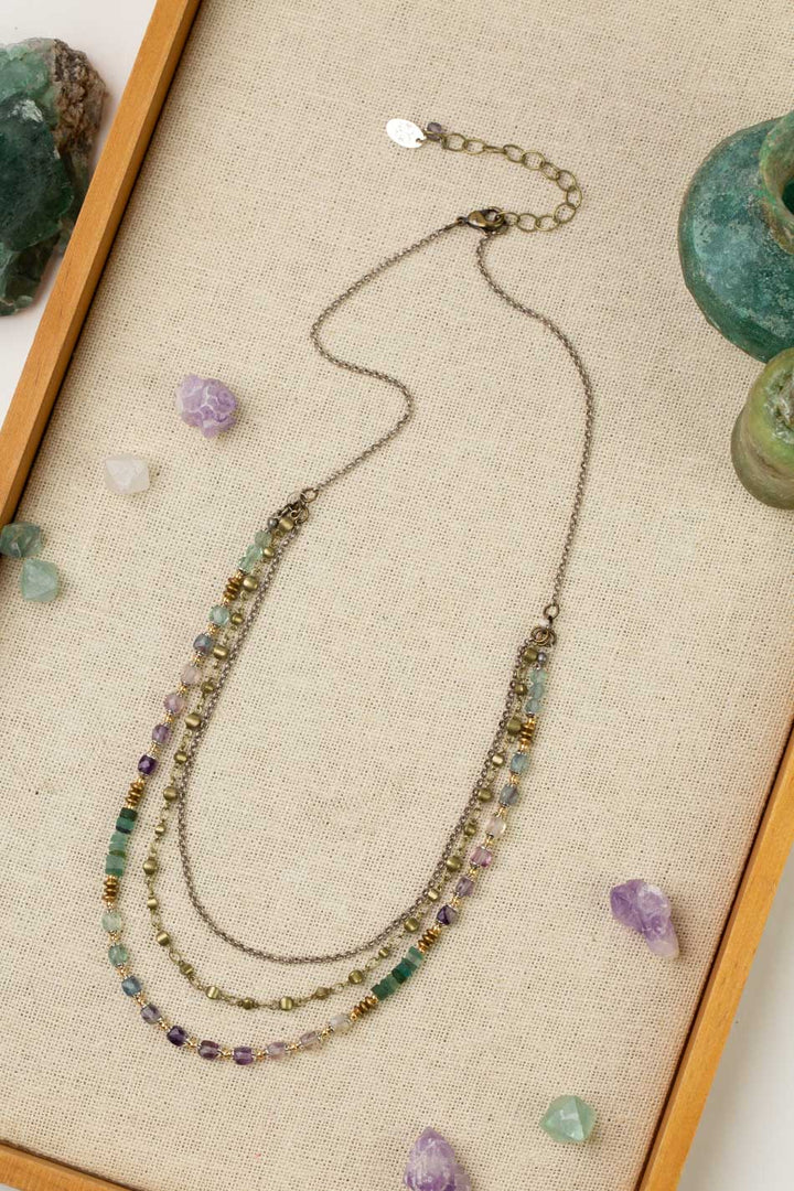 Aspire 19.5-21.5"Fluorite, Roman Glass Multistrand Necklace