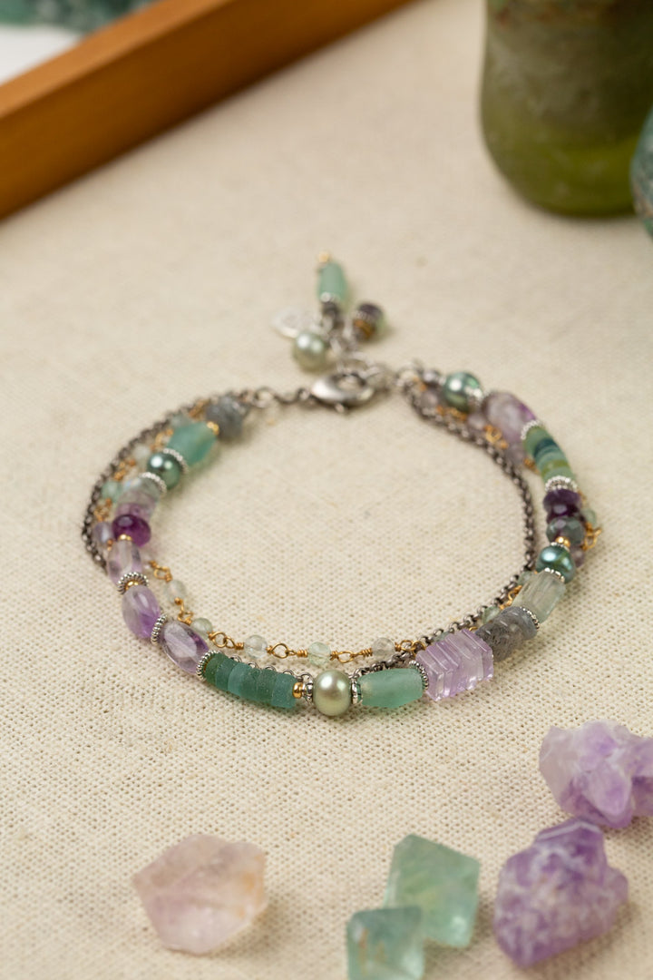 Aspire 7.5-8.5" Rainbow Fluorite, Freshwater Pearl, Amethyst, Roman Glass, Czech Glass Multistrand Bracelet