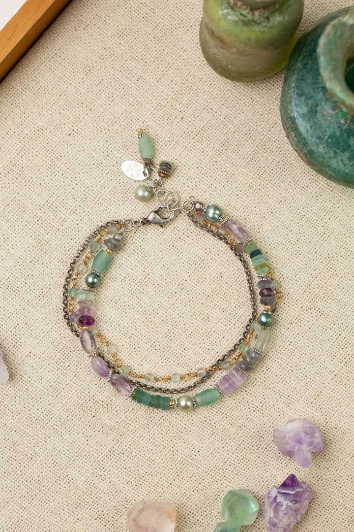 Aspire 7.5-8.5" Rainbow Fluorite, Freshwater Pearl, Amethyst, Roman Glass, Czech Glass Multistrand Bracelet