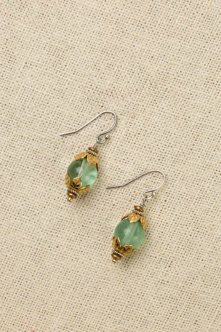 Aspire Green Fluorite With Gold Plated Brass Flowers Simple Earrings