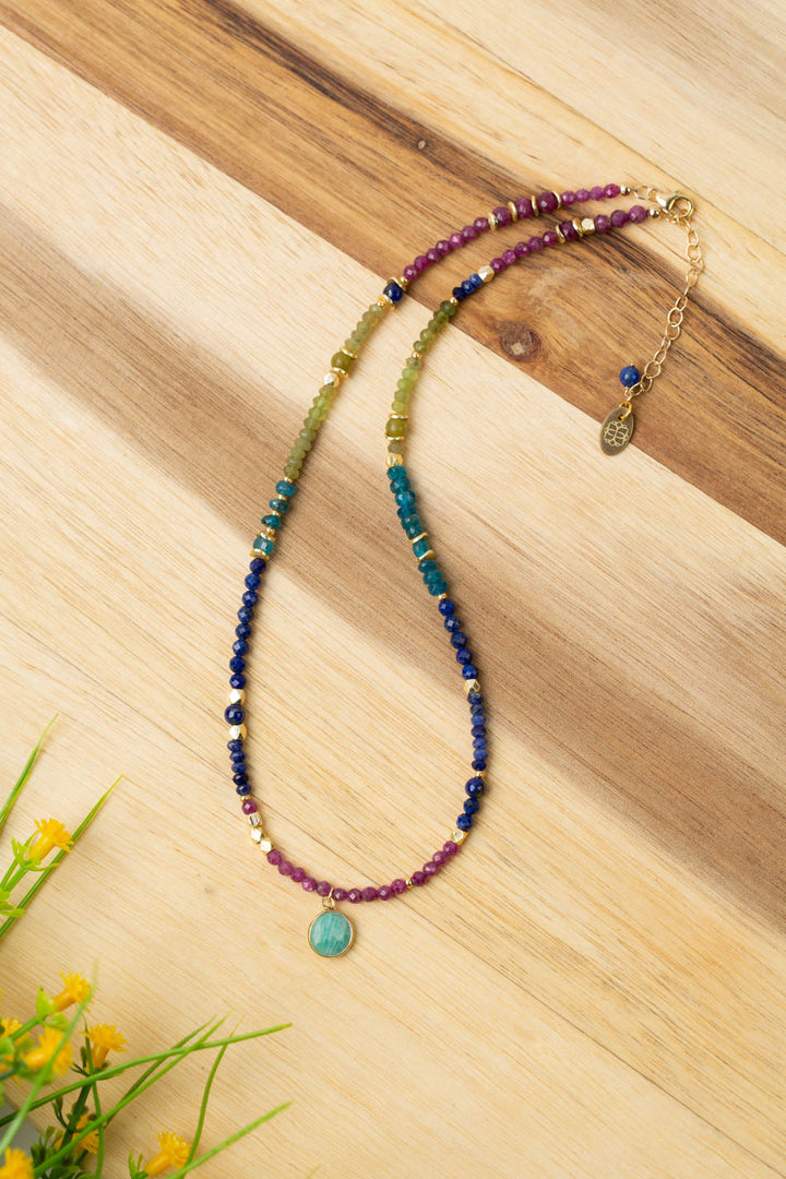 Aurora 15.5-17.5" Ruby, Lapis Lazuli, Chrysoprase with Faceted Amazonite Coin Simple Necklace