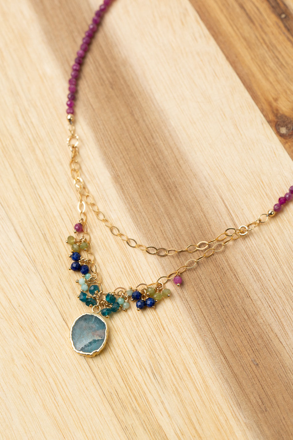 Aurora 18-20" Ruby, Lapis Lazuli, Chrysoprase With Gold Plated Apatite Slice Coin Pendant Cluster Necklace