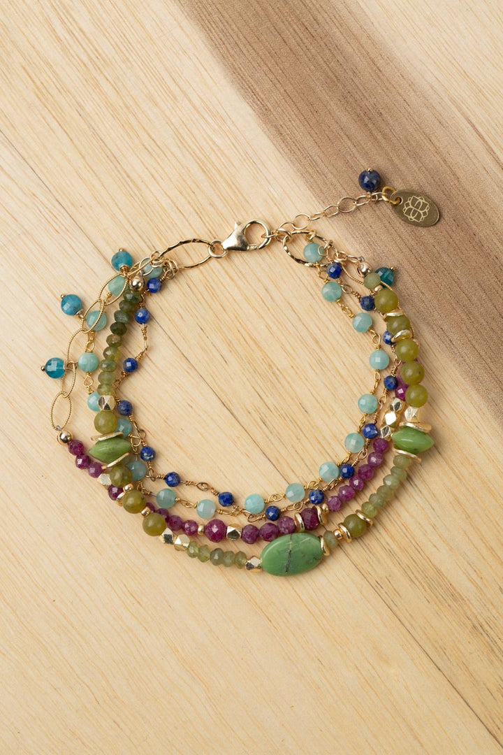 Aurora 7.5-8.5" Faceted Ruby, Lapis Lazuli, Amazonite Multistrand Bracelet