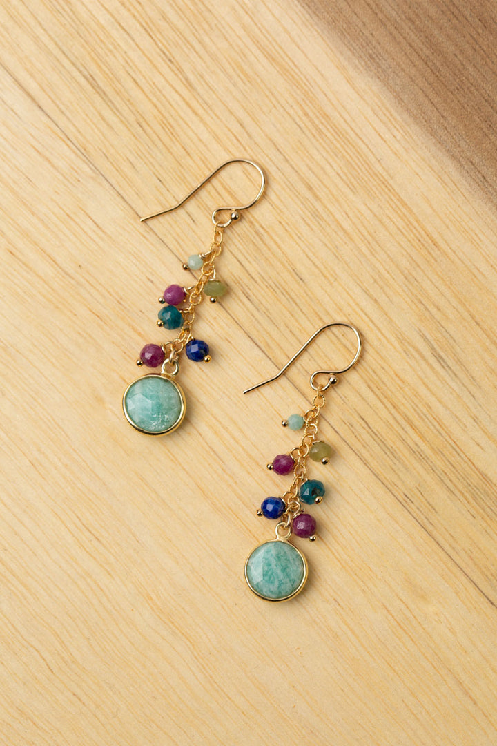 Aurora Ruby, Lapis Lazuli, Blue Apatite With Faceted Amazonite Gold Filled Coin Cluster Earrings