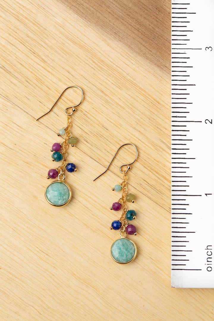 Aurora Ruby, Lapis Lazuli, Blue Apatite With Faceted Amazonite Gold Filled Coin Cluster Earrings