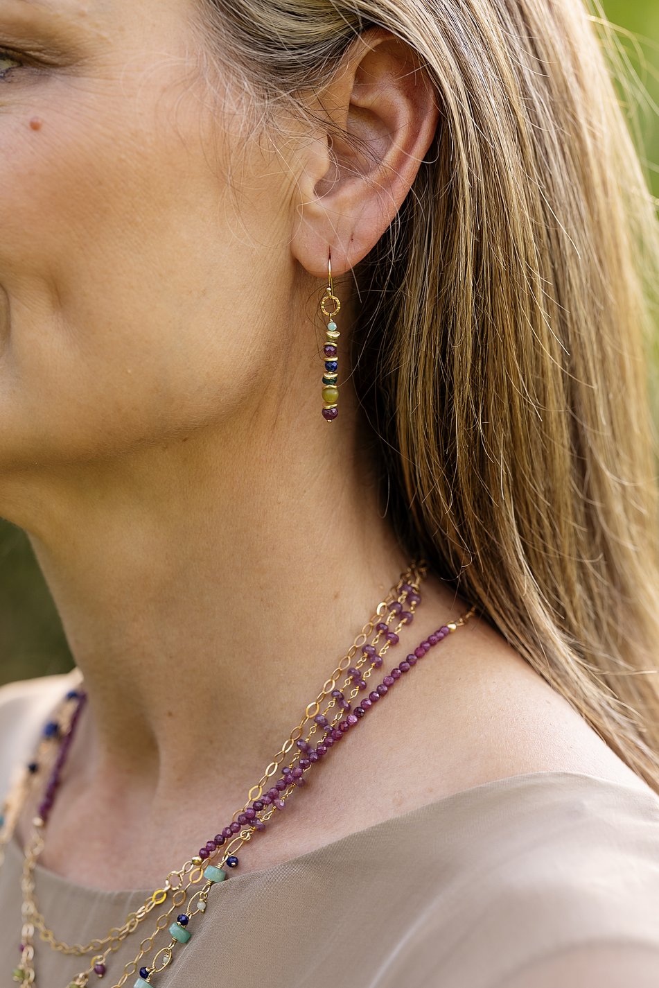 Aurora Ruby, Lapis Lazuli, Blue Apatite Simple Earrings