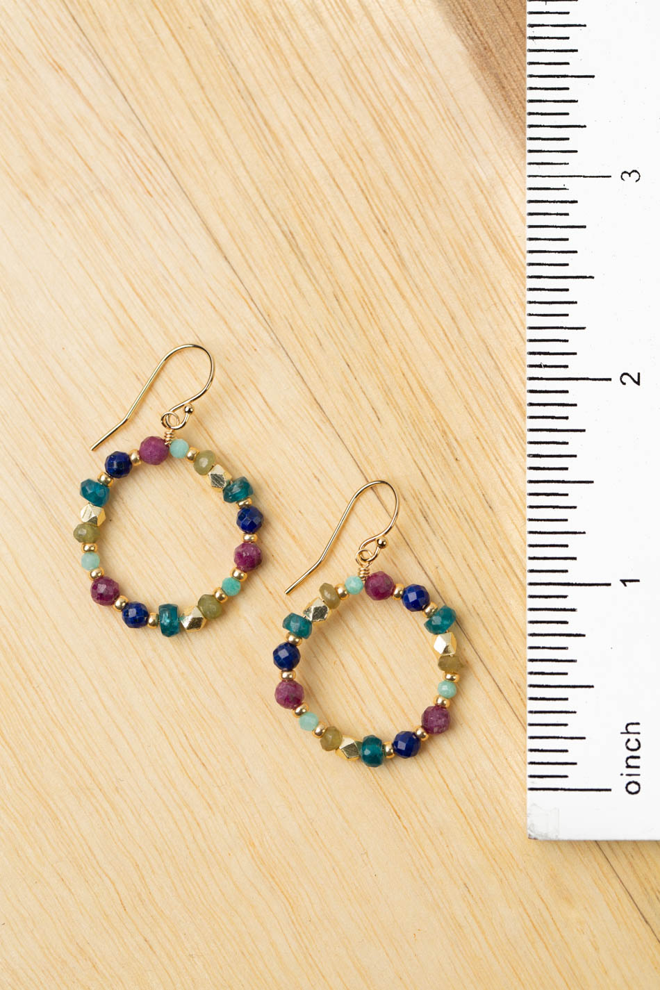 Aurora Ruby, Faceted Lapis Lazuli, Blue Apatite Hoop Earrings