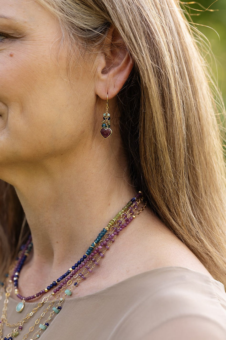 Aurora Blue Apatite, Lapis Lazuli, Green Jade With Faceted Ruby Gold Plated Heart Bezel Cluster Earrings