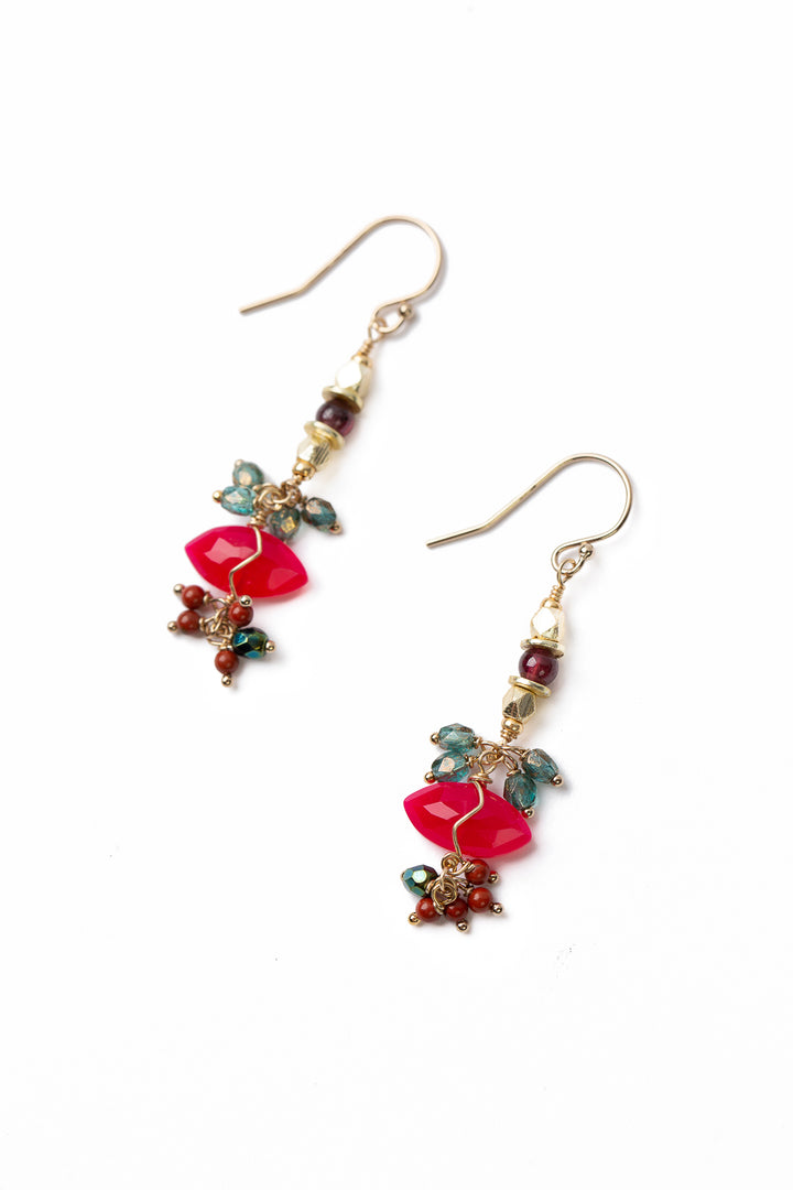 Azalea Red Jasper, Fuchsia Chalcedony, Czech Glass Dangle Cluster Earrings