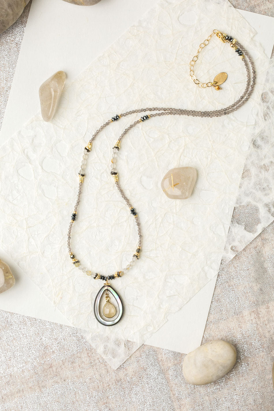 Alchemy 18.5-20.5" Pyrite, Grey Moonstone With Gold Rutilated Quartz Long Teardrop Bezel Collage Necklace