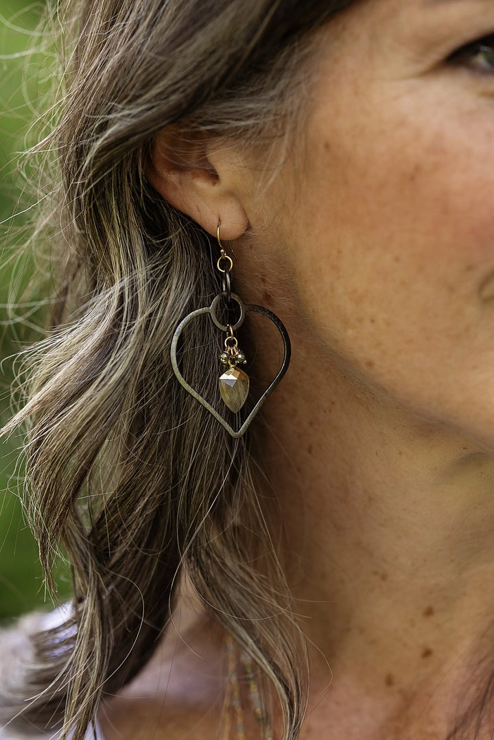 Alchemy Pyrite With Heart Hoop And Gold Rutilated Quartz Statement Earrings