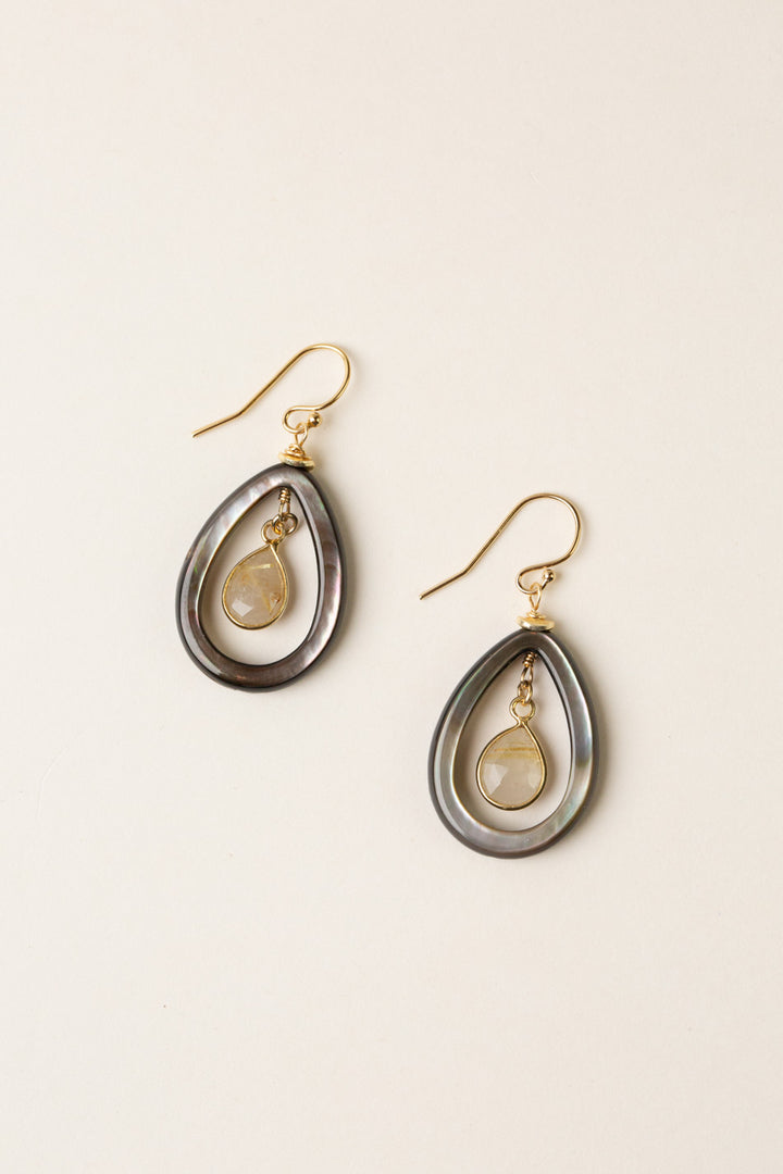 Alchemy Black Lip Shell Teardrop, Golden Rutilated Quartz Bezel Statement Earrings