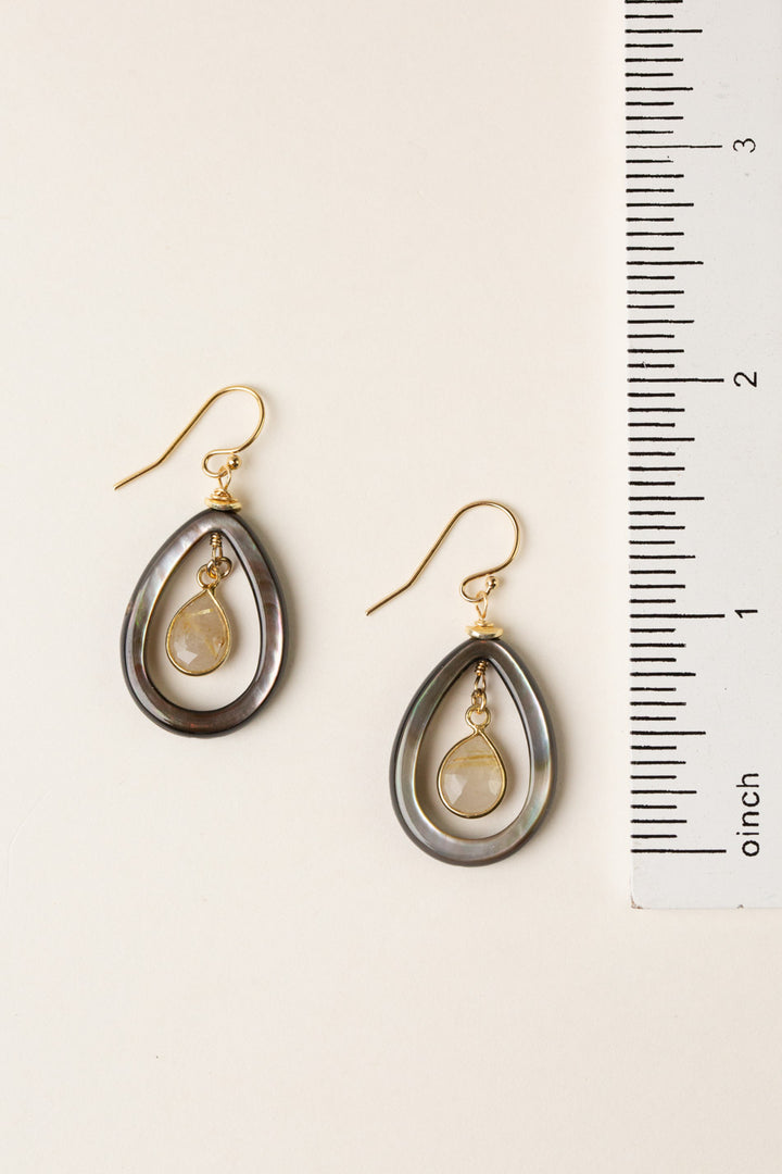Alchemy Black Lip Shell Teardrop, Golden Rutilated Quartz Bezel Statement Earrings