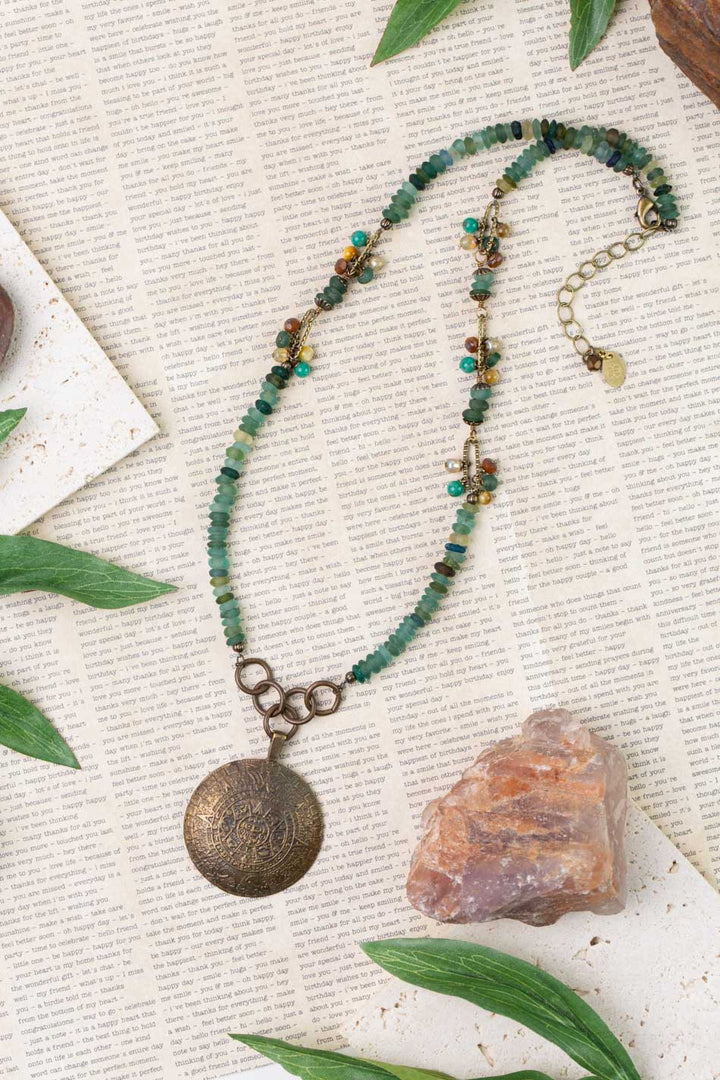 Atlas 19.5-21.5" Roman Glass, Czech Glass With Antique Brass Medallion Statement Necklace