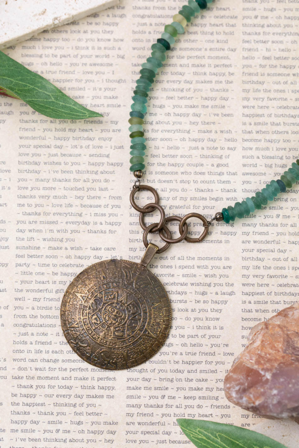 Atlas 19.5-21.5" Roman Glass, Czech Glass With Antique Brass Medallion Statement Necklace