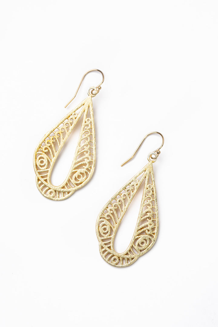 Brushed Gold Ornate Teardrop Petal Simple Earrings