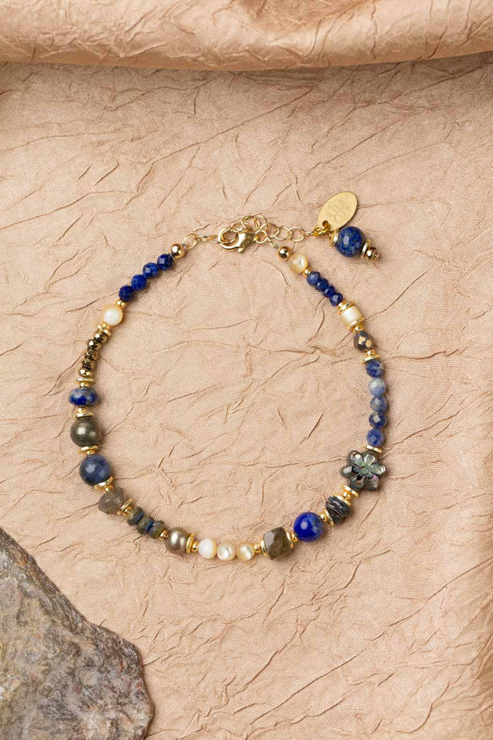 Blue Moon 7.5-8.5" Lapis Lazuli, Pyrite, Labradorite, Sodalite, Freshwater Pearl, Mother Of Pearl, Abalone Flower Collage Bracelet