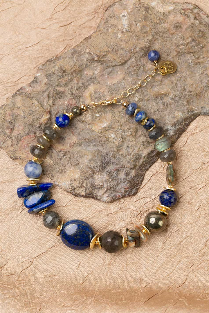 Blue Moon 7.5-8.5" Lapis Lazuli, Pyrite, Labradorite, Sodalite, Mother Of Pearl, Abalone Flower Statement Bracelet