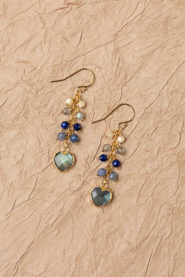 Blue Moon Mother Of Pearl, Sodalite, Lapis Lazuli With Faceted Labradorite Heart Bezel Dangle Earrings