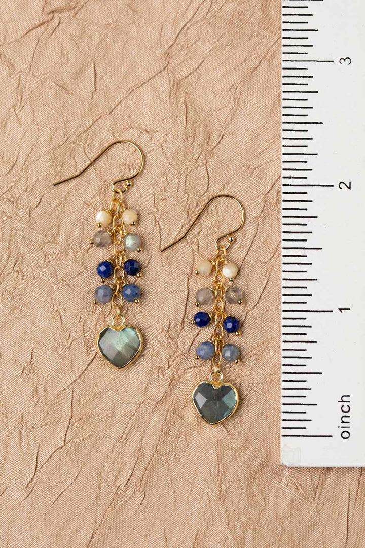 Blue Moon Mother Of Pearl, Sodalite, Lapis Lazuli With Faceted Labradorite Heart Bezel Dangle Earrings