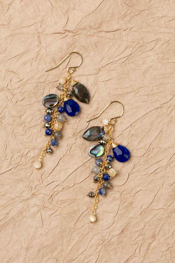 Blue Moon Labradorite, Lapis Lazuli, Abalone Shell, Mother Of Pearl, Pyrite Cluster Earrings