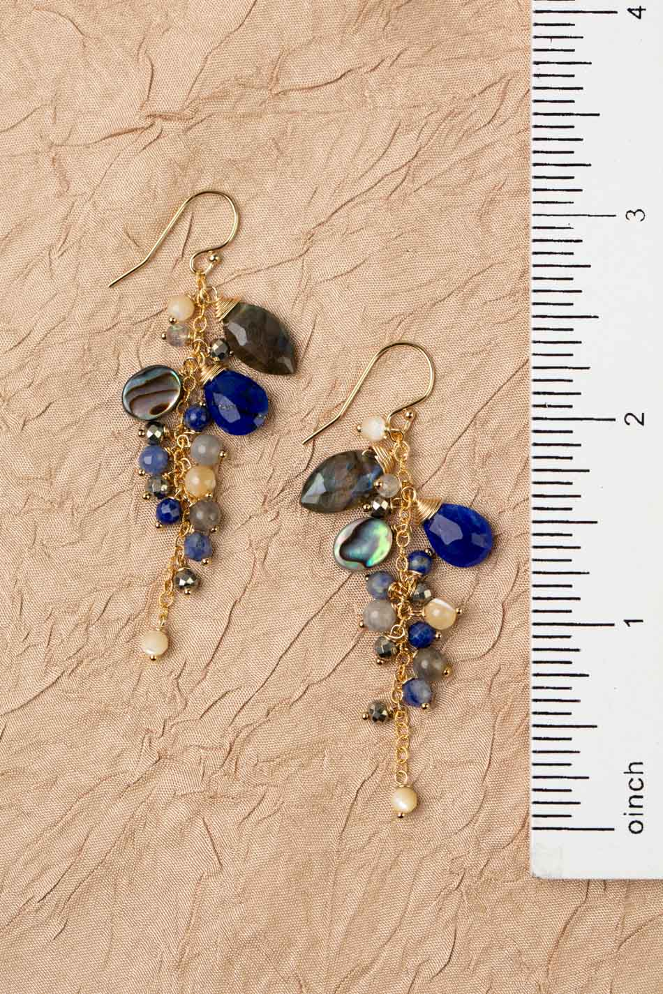 Blue Moon Labradorite, Lapis Lazuli, Abalone Shell, Mother Of Pearl, Pyrite Cluster Earrings