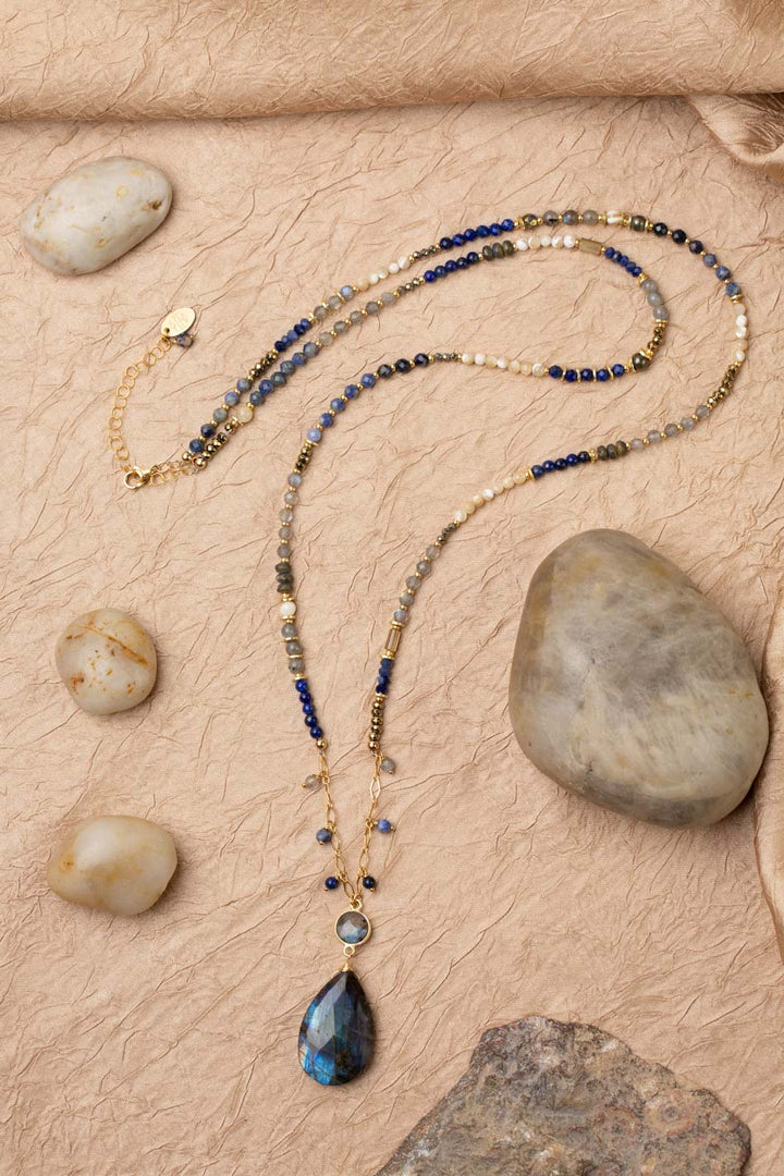 Blue Moon 30.5-32.5" Pyrite, Mother Of Pearl, Sodalite, Abalone, Lapis Lazuli With Large Teardrop Labradorite Statement Necklace