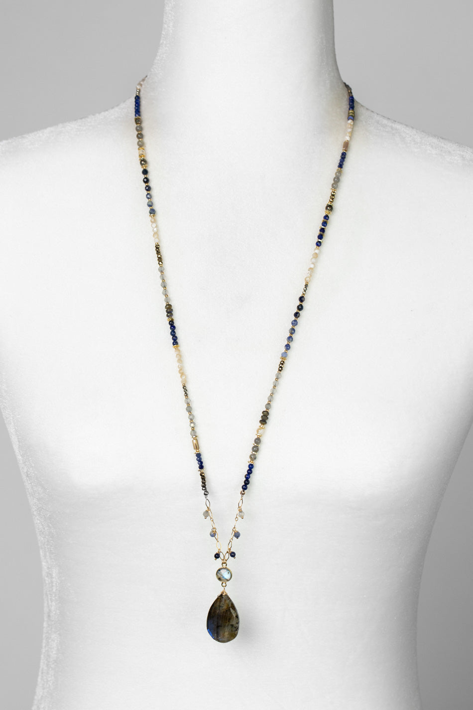 Blue Moon 30.5-32.5" Pyrite, Mother Of Pearl, Sodalite, Abalone, Lapis Lazuli With Large Teardrop Labradorite Statement Necklace