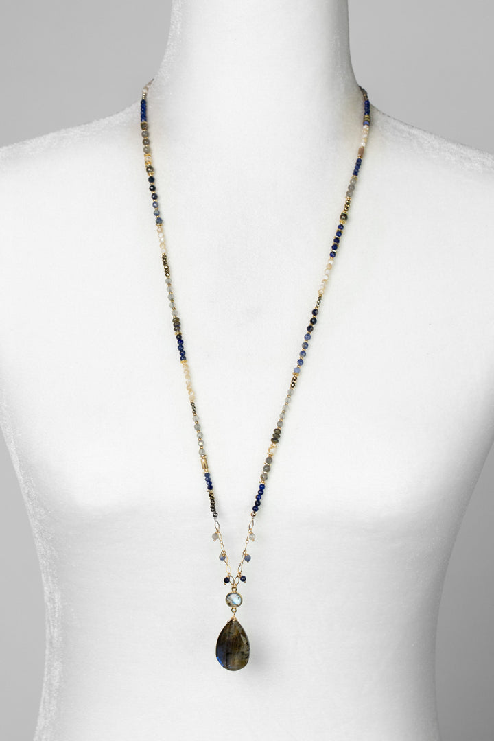 Blue Moon 30.5-32.5 Pyrite, Mother Of Pearl, Sodalite, Abalone, Lapis Lazuli With Large Teardrop Labradorite Statement Necklace