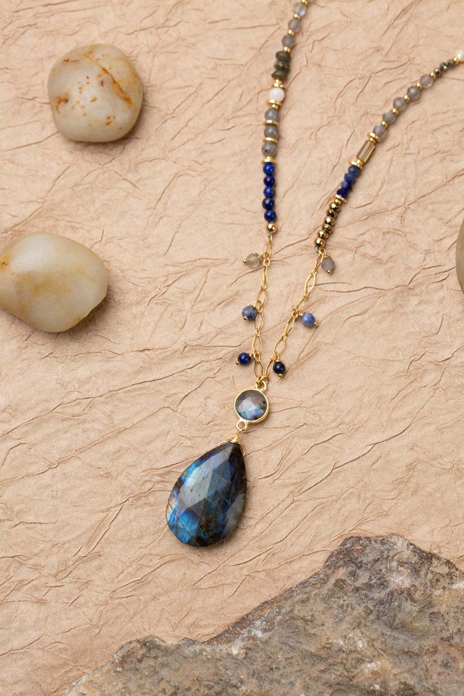 Blue Moon 30.5-32.5" Pyrite, Mother Of Pearl, Sodalite, Abalone, Lapis Lazuli With Large Teardrop Labradorite Statement Necklace