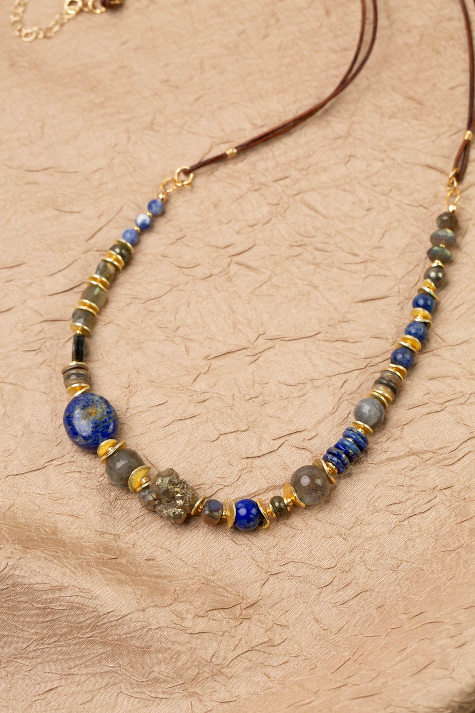 Blue Moon 27.5-29.5" Labradorite, Abalone Shell, Sodalite, Lapis Lazuli, Pyrite Collage Necklace