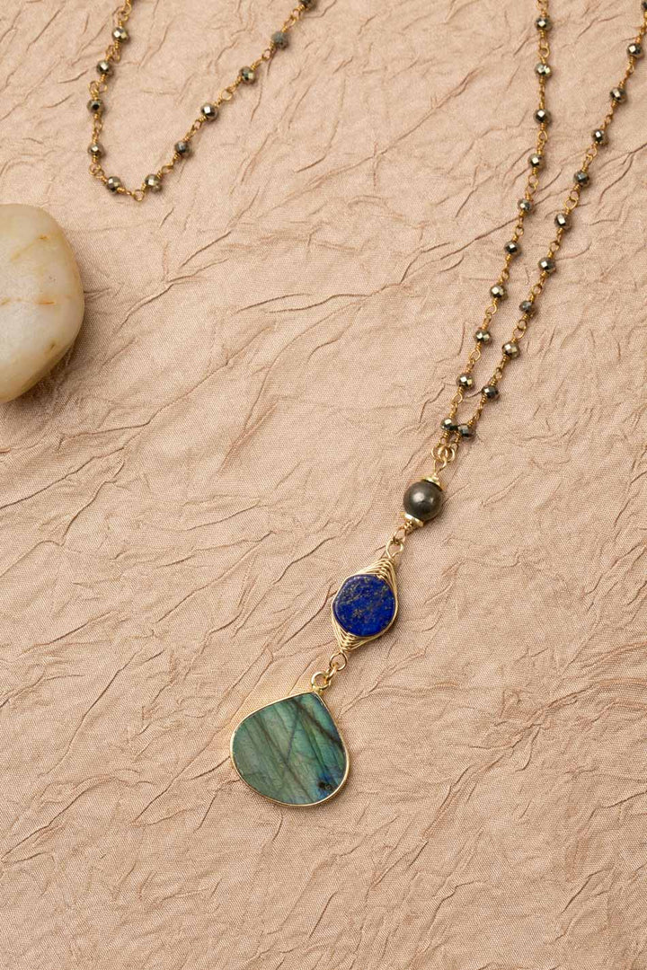 Blue Moon 30" Faceted Pyrite With Lapis Lazuli, Labradorite Cluster Necklace