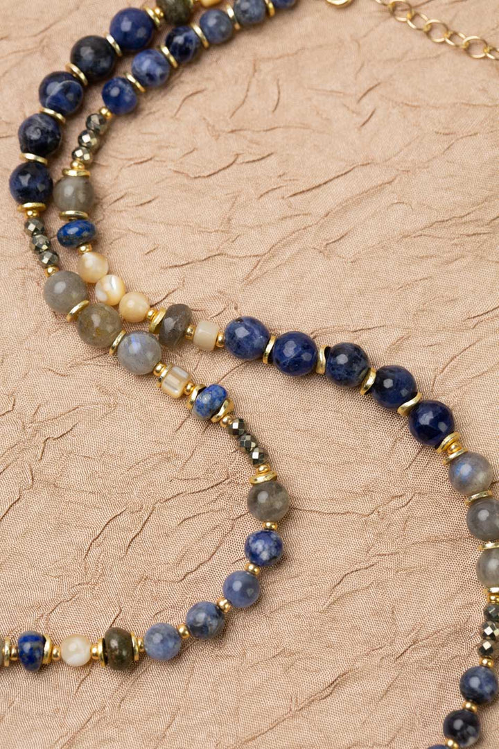 Blue Moon 20.5-22.5" Lapis Lazuli, Pyrite, Labradorite, Sodalite, Mother Of Pearl Collage Necklace