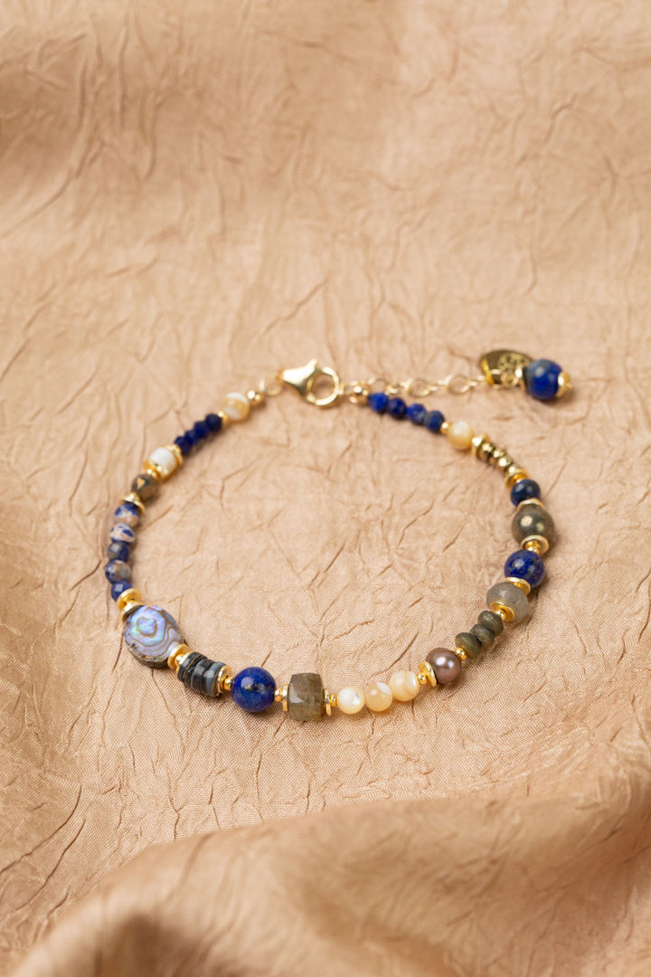 Blue Moon 7.5-8.5" Lapis Lazuli, Pyrite, Labradorite, Sodalite, Freshwater Pearl, Mother Of Pearl, Abalone Flower Collage Bracelet