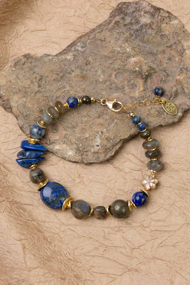 Blue Moon 7.5-8.5" Lapis Lazuli, Pyrite, Labradorite, Sodalite, Mother Of Pearl, Abalone Flower Statement Bracelet