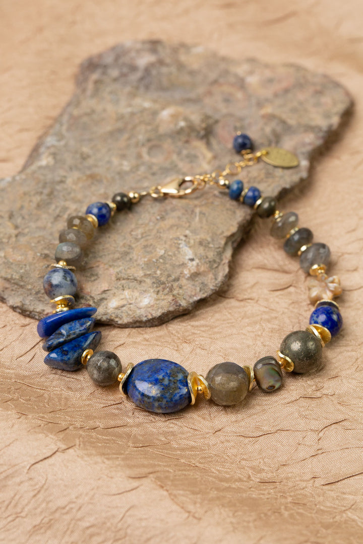 Blue Moon 7.5-8.5" Lapis Lazuli, Pyrite, Labradorite, Sodalite, Mother Of Pearl, Abalone Flower Statement Bracelet