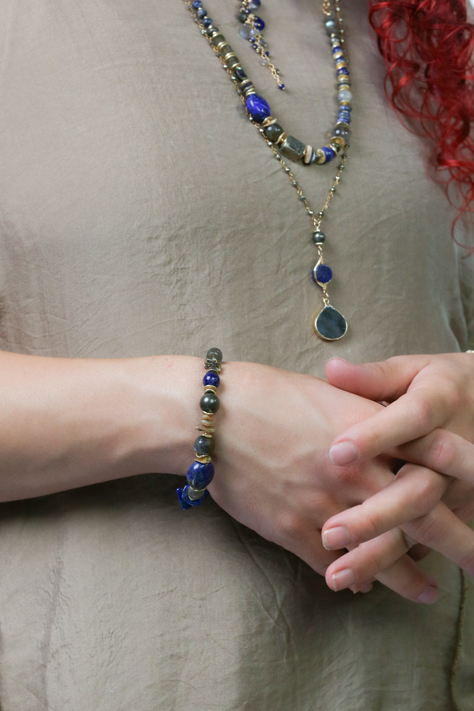 Blue Moon 7.5-8.5" Lapis Lazuli, Pyrite, Labradorite, Sodalite, Mother Of Pearl, Abalone Flower Statement Bracelet