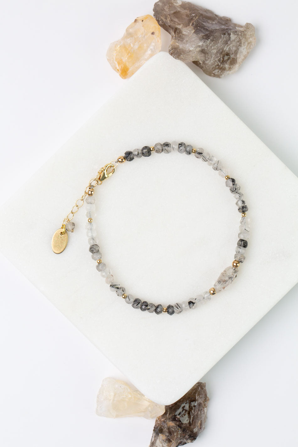 Black Rutilated Quartz 7.75-8.75" Faceted Black Tourmaline Rutilated Quartz Simple Bracelet