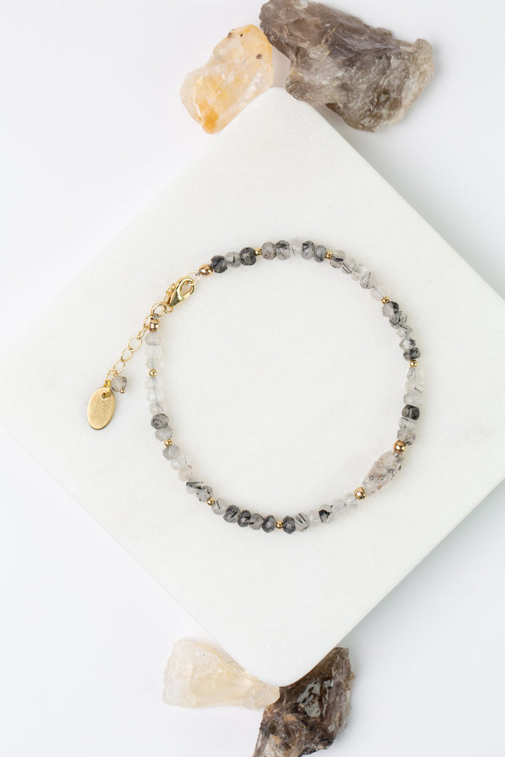 Black Rutilated Quartz 7.75-8.75" Faceted Black Tourmaline Rutilated Quartz Simple Bracelet