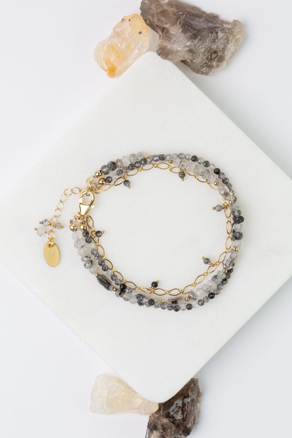 Black Rutilated Quartz 7.25-8.25" Faceted Black Tourmaline, Rutilated Quartz Multistrand Bracelet