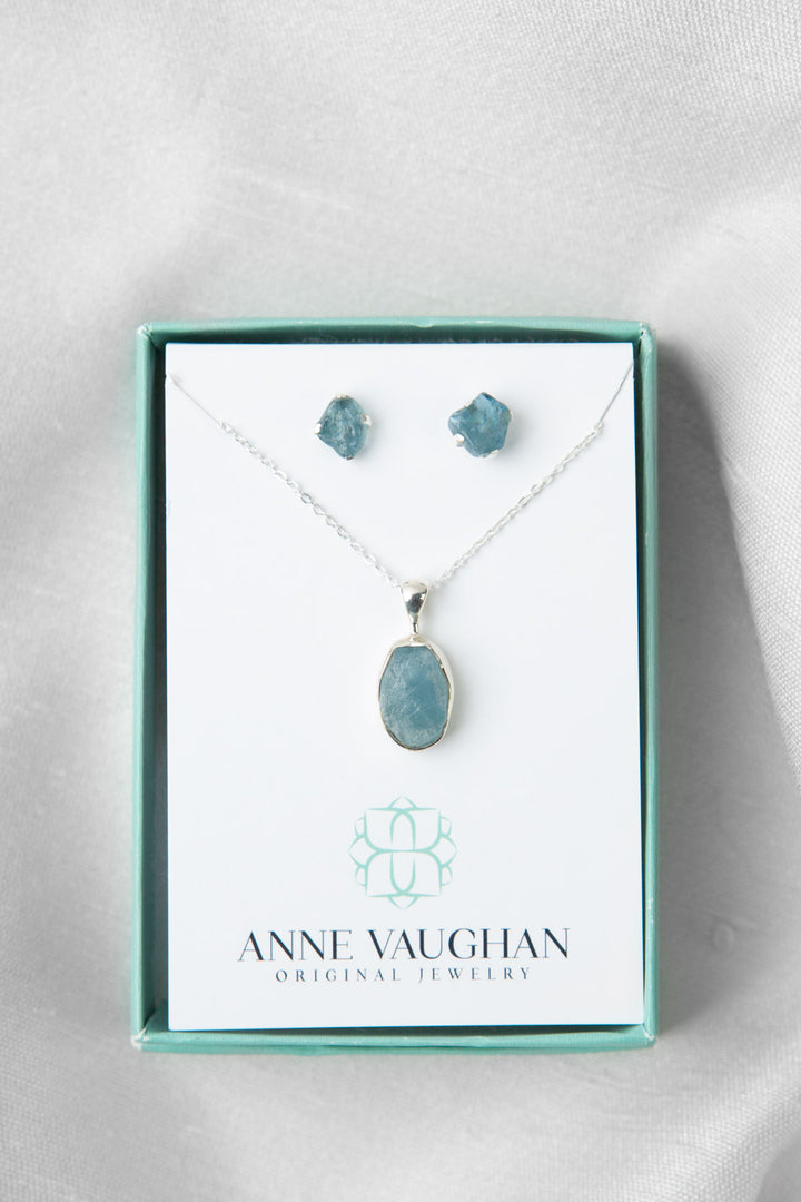 Birthstone 16-20.5" March Natural Aquamarine Pendant Necklace And Earrings Set